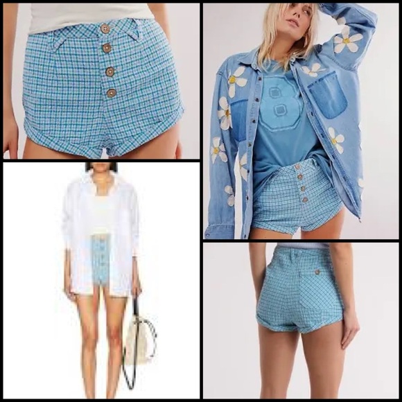 Free People Checked Out Plaid Micro Brief Style Retro Linen Blend Boho Shorts 4 - Picture 1 of 14